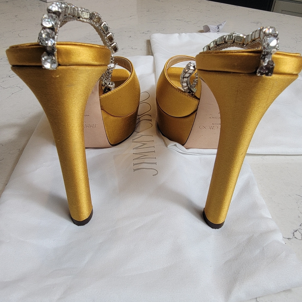 Jimmy Choo Saeda Platform Sandal Yellow Crystal Ankle Strap 37 luxury wedding - Picture 10 of 15